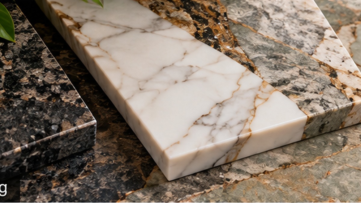 Detalhes de m�rmore, granito e quartzito com veios naturais e tons neutros